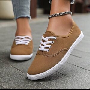 Women Solid Color Canvas Flat Shoes, Round Toe Lace-Up Breathable Non-Slip Shoes